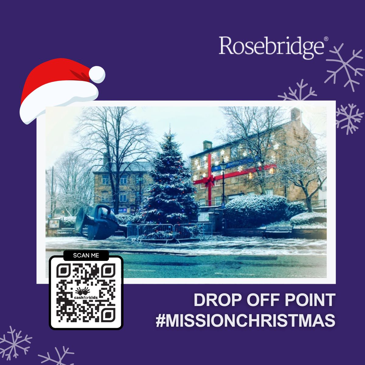 Rosebridge Mission Christmas infographic with photo of head office i centre and scannable bar code to donate 