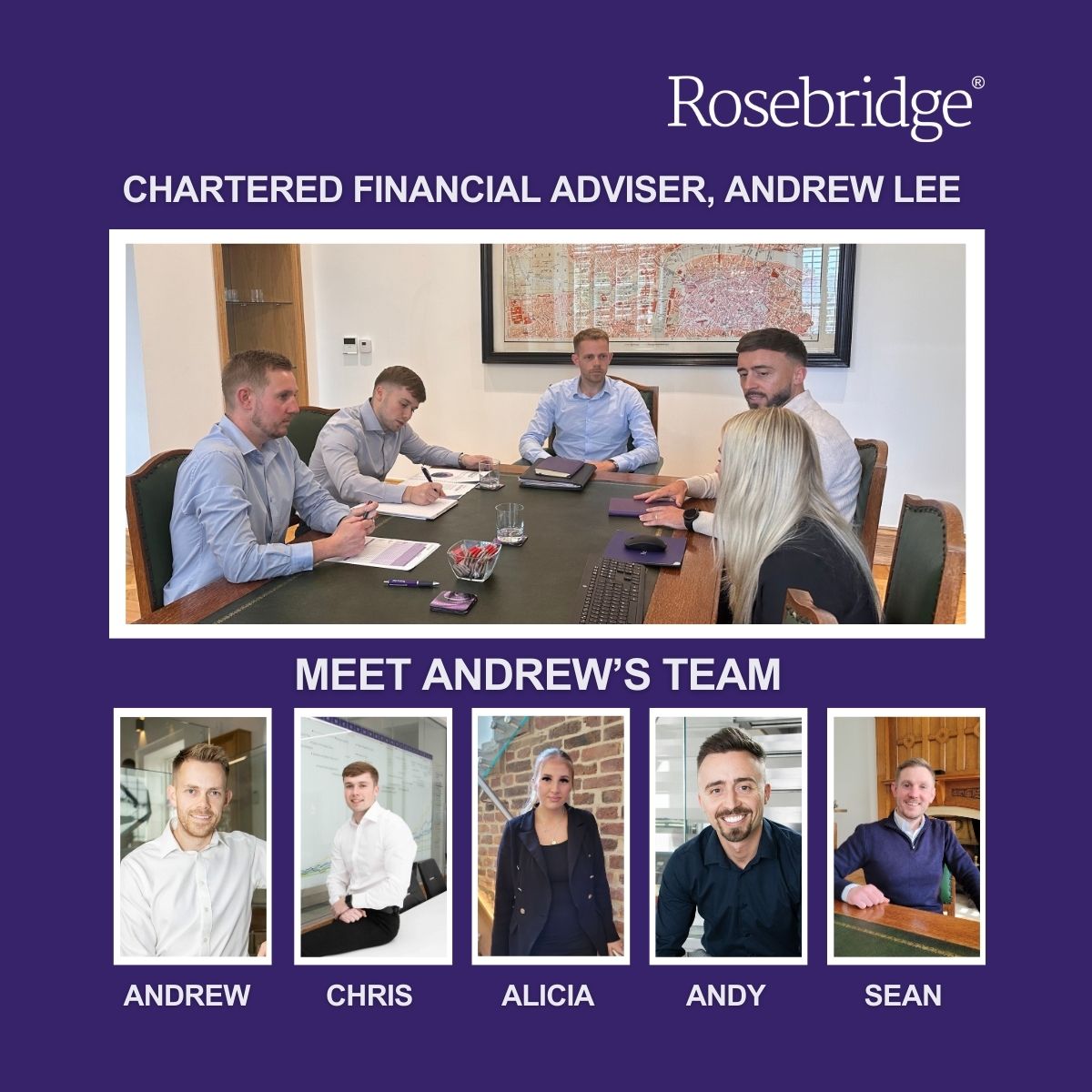 Andrew Lee's 'meet the team' post from LinkedIn featuring a photo of Andrew's team in a meeting at the top, followed by individual photos of the team members 