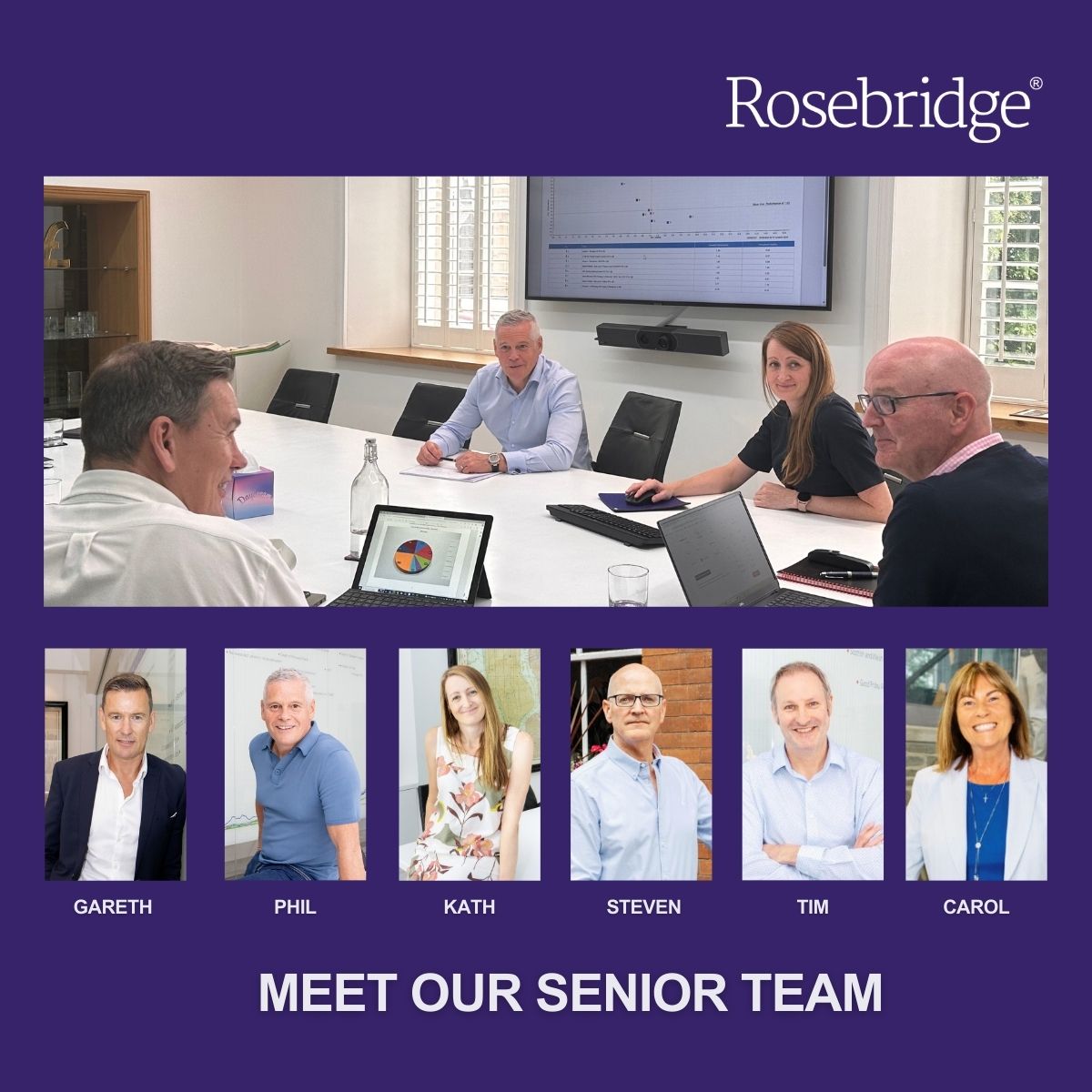 'Meet our senior team' post - the post with the most LinkedIn engagement. Featuring a photo of the senior team in a meeting at the top, followed by individual photos of the team members 