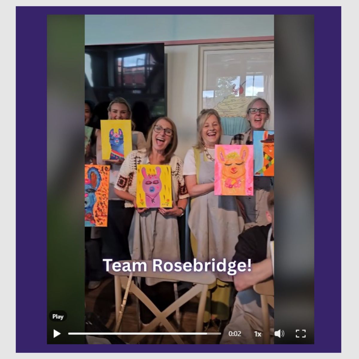Screenshot of the Rosebridge teambuilding day LinkedIn post featuring smiling team members holding their llama paintings 
