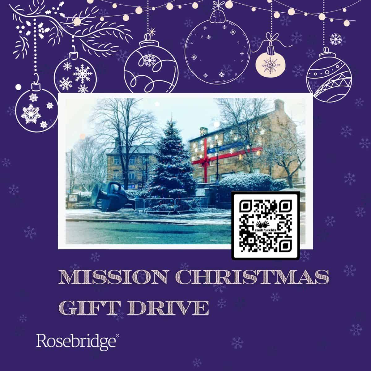 Mission Christmas gift drive image with christmas decorations and a photo of Ramsbottom head office