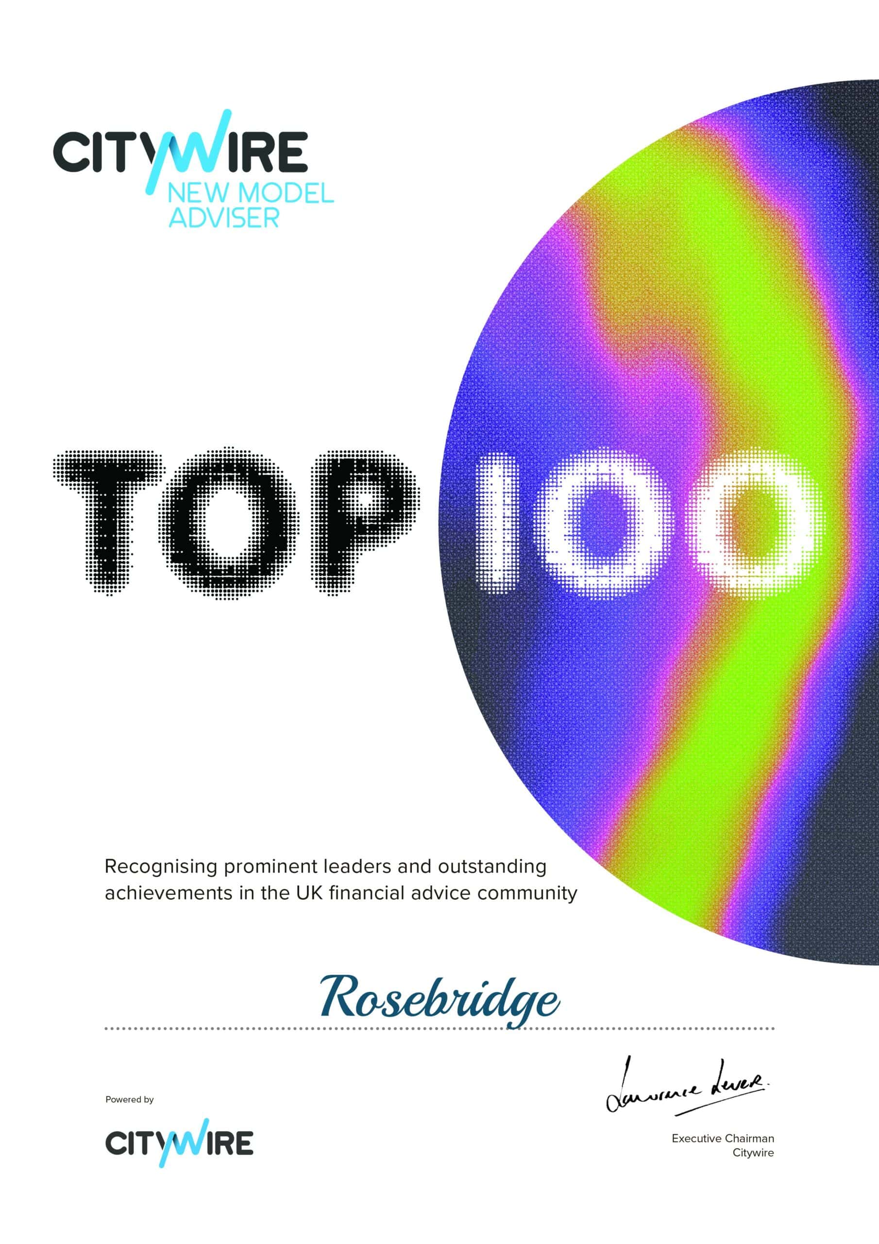 Citywire new model adviser top 100 certificate addressed to 'Rosebridge.'