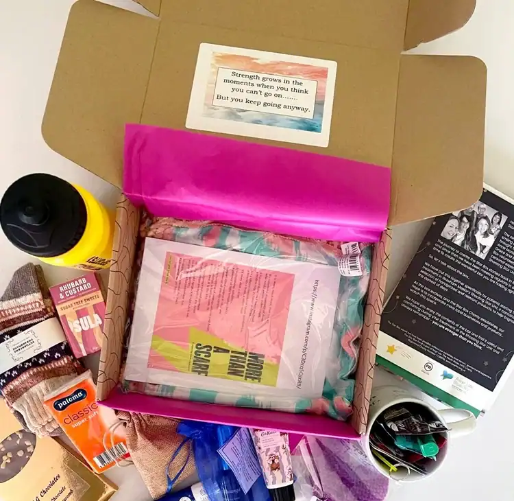 Starting box care box complete with care items for patients beginning cancer treatment